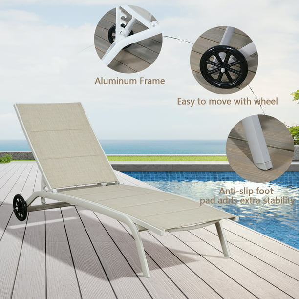 1 Piece Outdoor Patio Aluminum Adjustable Textilene Sling Reclining Chaise Lounge Chair Padded with Quick Dry Foam (Beige)