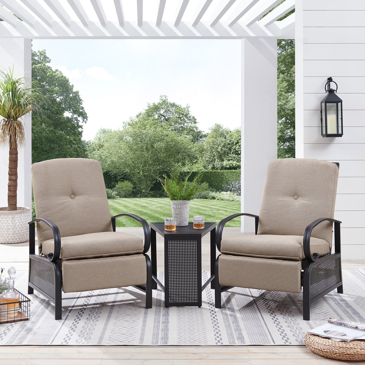 Patio Recliner Chair Automatic Adjustable Back Outdoor Lounge Recliner Chair with 100% Olefin Cushion (Sailcloth Beige)