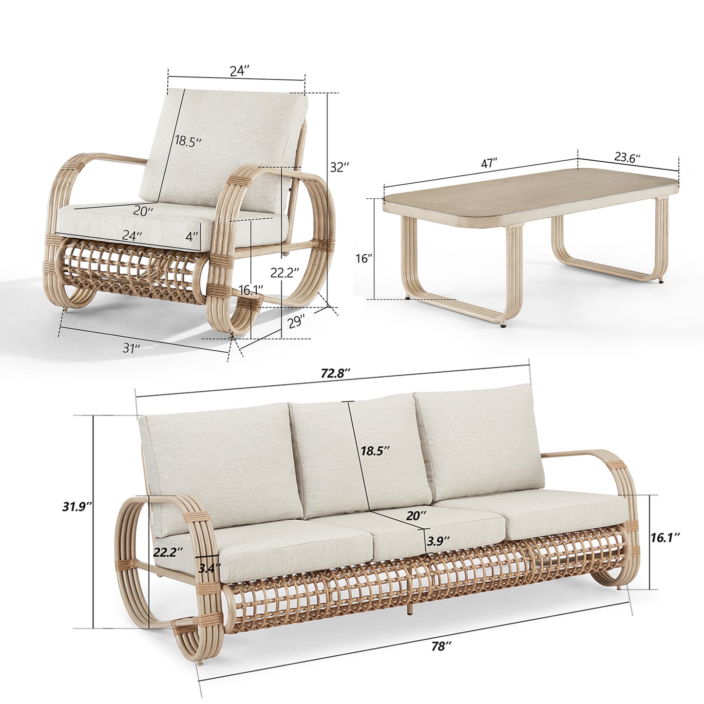 Arsterie 4 Pieces Aluminum Patio Conversation Sofa Sets With Wicker Decoration