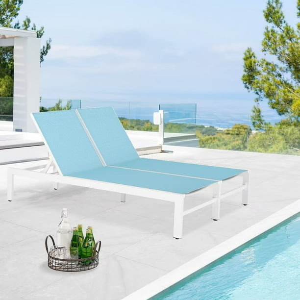 Patio Aluminum Double Textilene Chaise Lounge Outdoor Adjustable Recliner Chairs with Wheels (Mist)