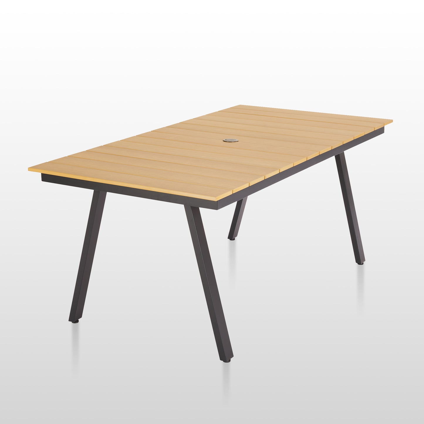 Outdoor Dining Table, Aluminum Frame with Resin Wood Slat Table Top, Patio Rectangular Table with 1.57’’ Umbrella Hole