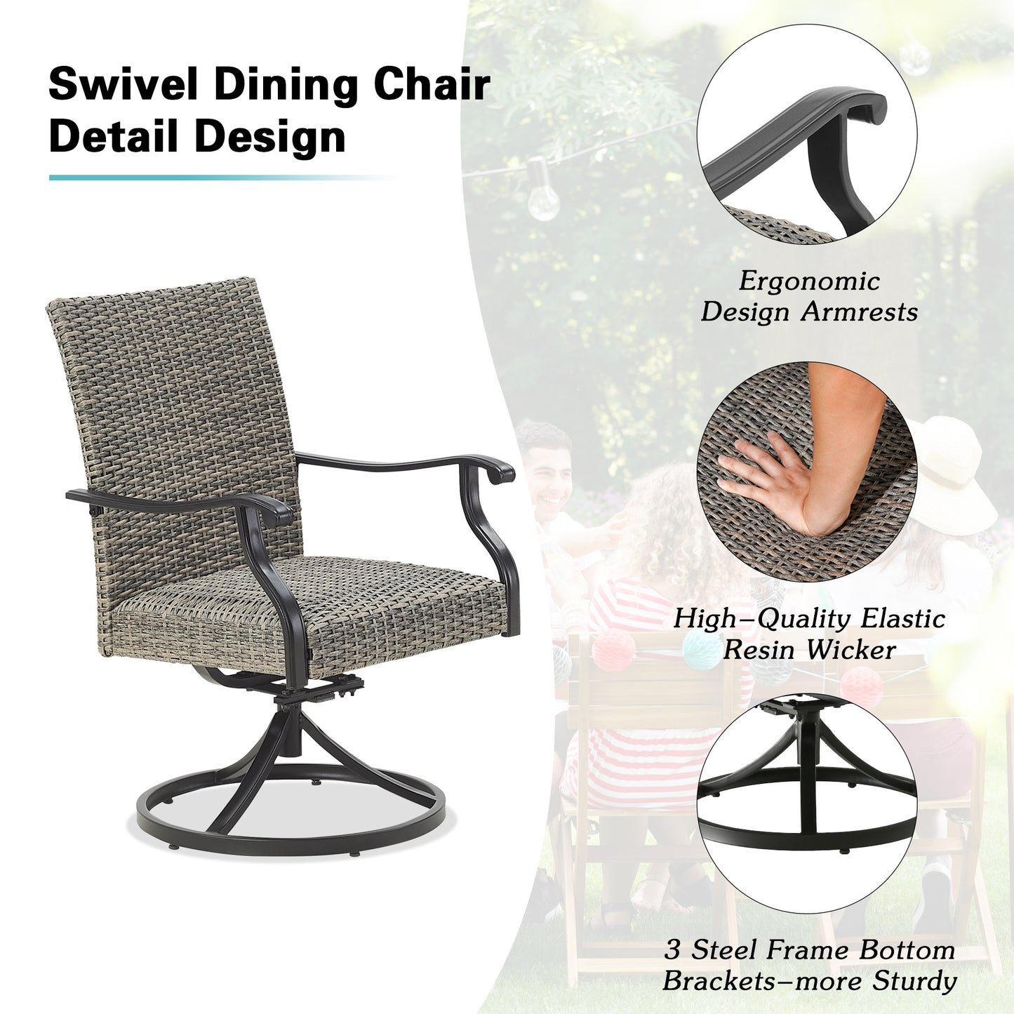 PEAKHOME Pavane 2-Pieces Patio Rattan Swivel Dining Chairs Padded with Quick Dry Foam