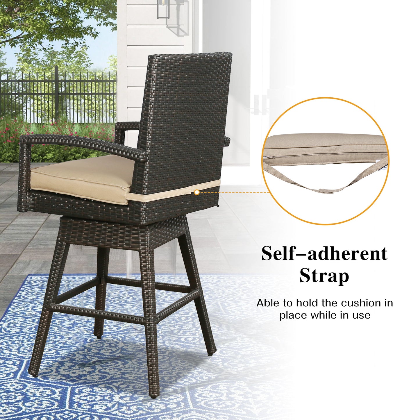 2 Pieces Outdoor Wicker Bar Stools Patio All-Weather Rattan Swivel Dining Chairs with Cushion, Brown