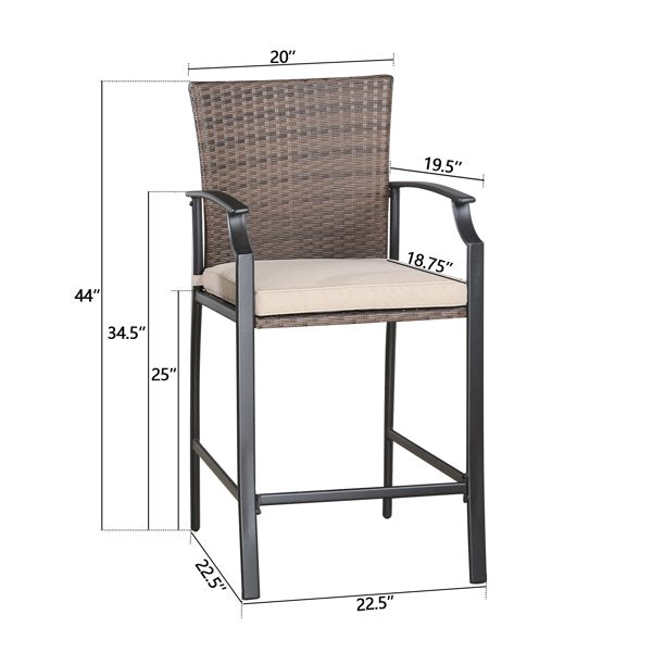 2 Pieces Patio Metal Bar Stools Outdoor Woven Wicker Height Bistro Chairs with Beige Seat Cushions