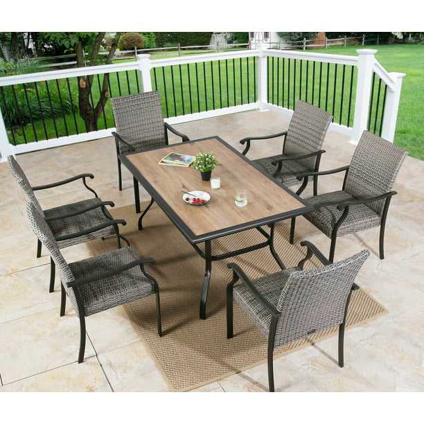 Patio Outdoor 61.5" Rectangular Dining Table, Metal Frame & Wood-Like Tabletop with 1.57” Umbrella Hole for 6 Person