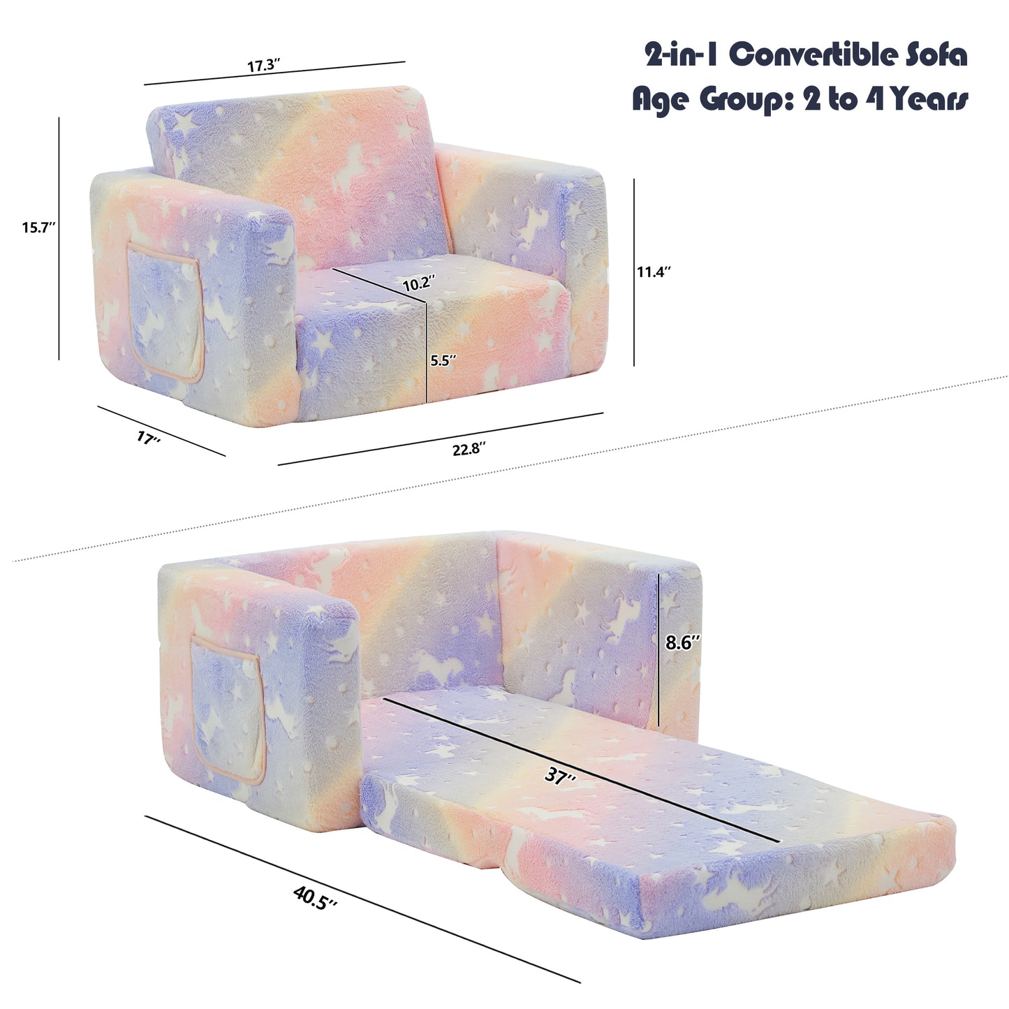 Convertible Kids Chair 2-in-1 Flip Open Kids Couch/Sleeper, Rainbow Star