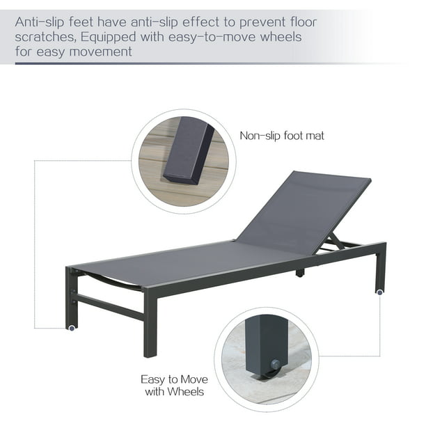 2 Pieces Outdoor Aluminum Chaise Lounge Chairs Patio Sling Sun Lounger Set Recliner with Wheels (Dark Grey)