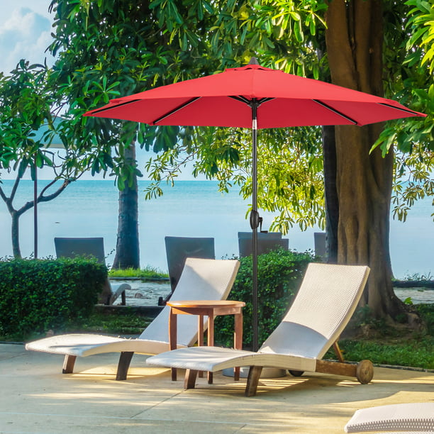 9 Ft Outdoor Tiltable Round Market Sunbrella Umbrella with Aluminum Pole and Crank, Jockey Red(Stand Not Included)