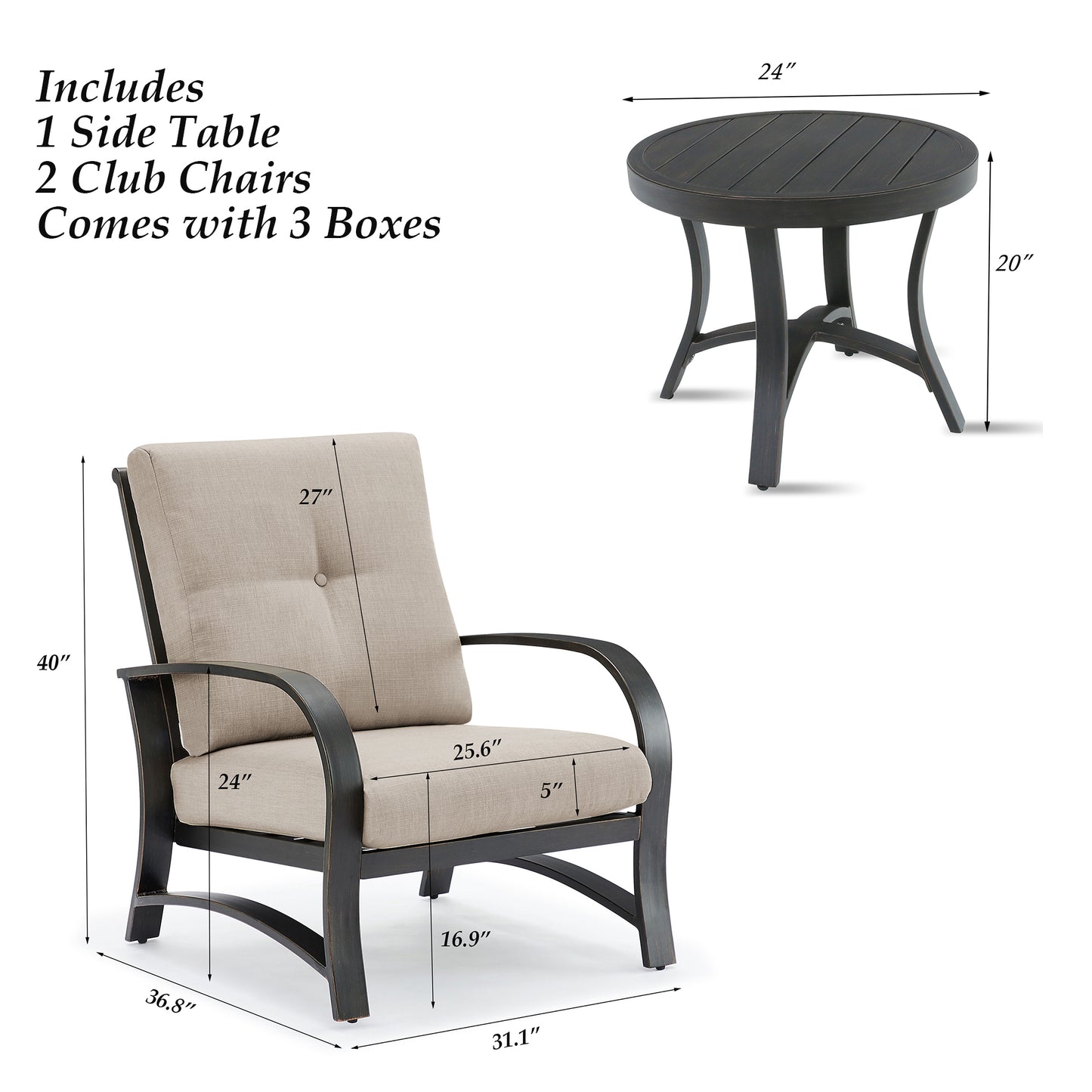PEAKHOME FURNISHINGS Chamber 3 pieces Outdoor Bistro Sets with Swivel Chair and Sunbrella® Cushions