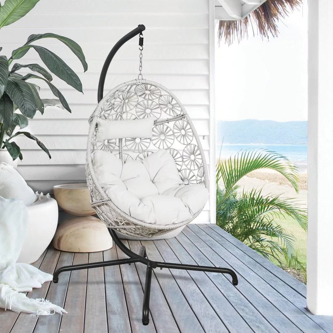 Outdoor Egg Chair Hanging Swing Chair with Stand Patio Wicker Tear Drop Hammock Chair with Cushion, Beige