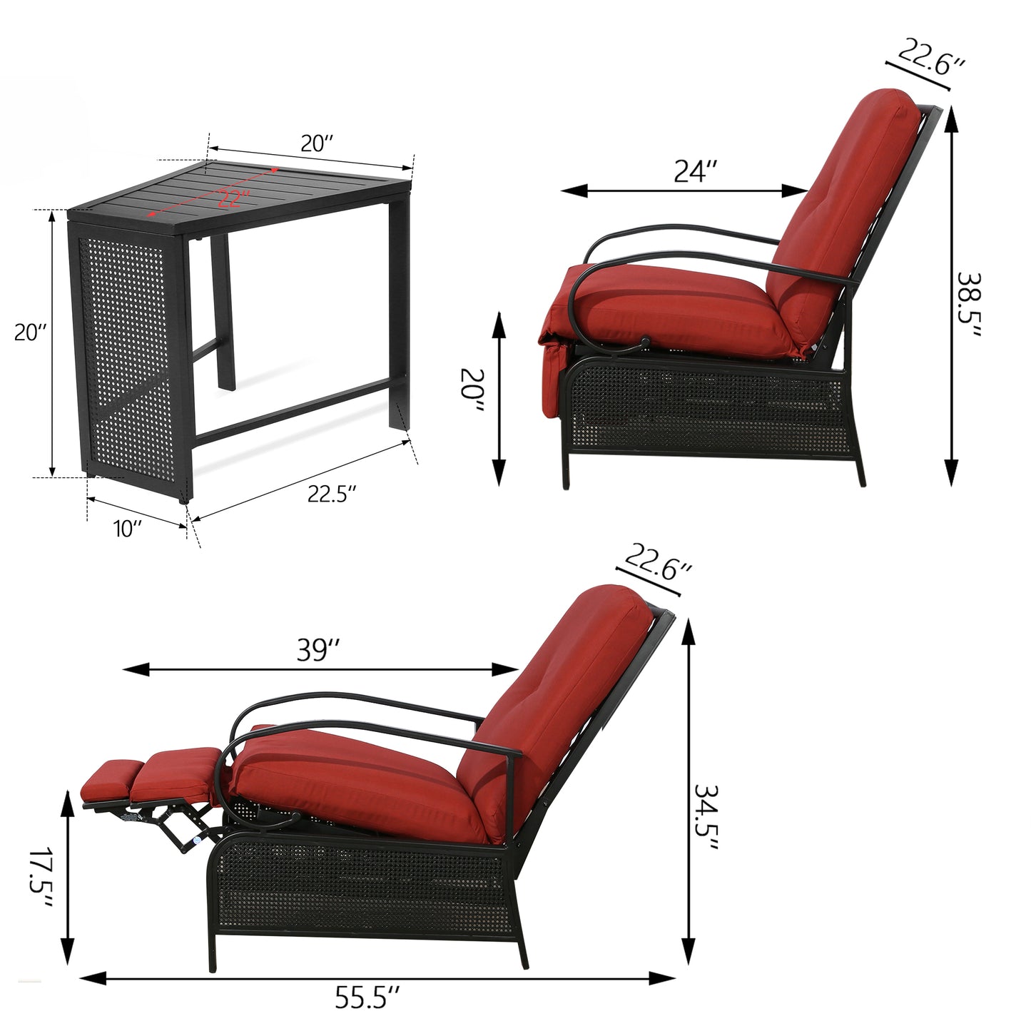 Outdoor/Indoor 2-Person Conversation set Seating Group with Recliner Chairs and Metal End Table