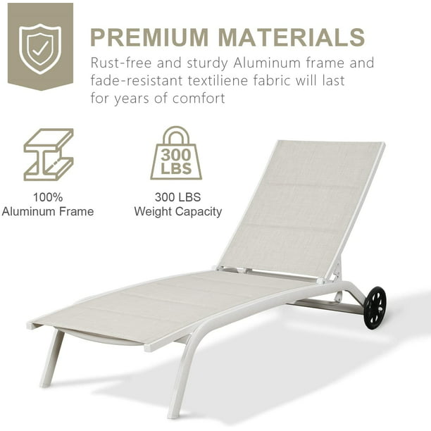 1 Piece Outdoor Patio Aluminum Adjustable Textilene Sling Reclining Chaise Lounge Chair Padded with Quick Dry Foam (Beige)