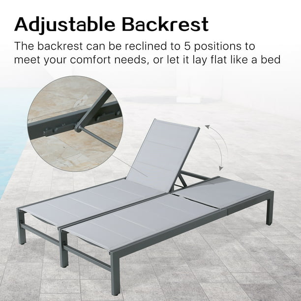 Patio Padded Aluminum Double Textilene Chaise Lounge Outdoor Adjustable Recliner Chairs with Wheels and Quick Dry Foam(Grey)