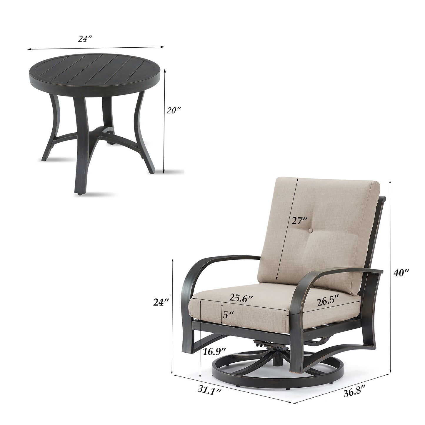 PEAKHOME FURNISHINGS Chamber 3 pieces Outdoor Bistro Sets with Swivel Chair and Sunbrella® Cushions