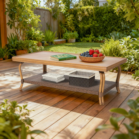 Arcadia Patio Coffee Table with Wicker Storage Shelf