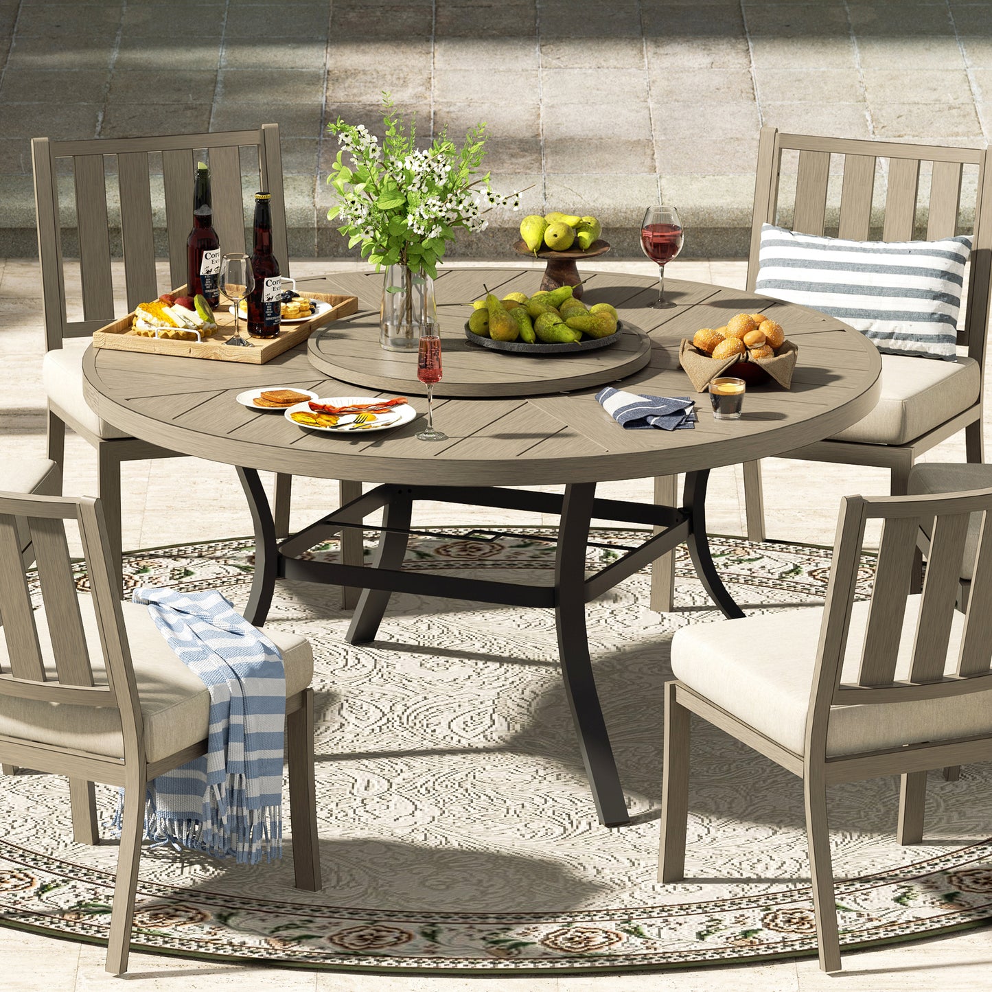 PEAKHOME Azur Patio Round Dining Table Sets With Armless Chair And Sunbrella® Cushions