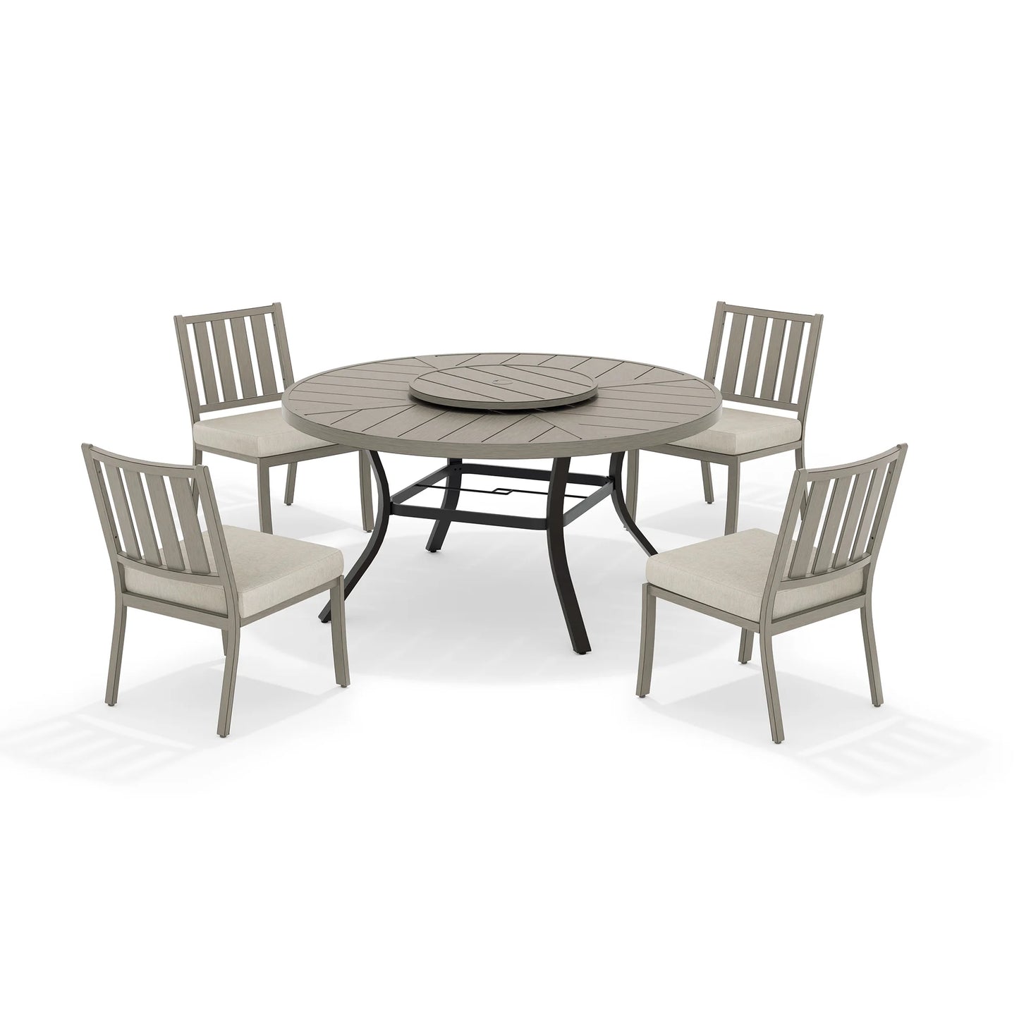 Round outdoor dining table with four armless chairs