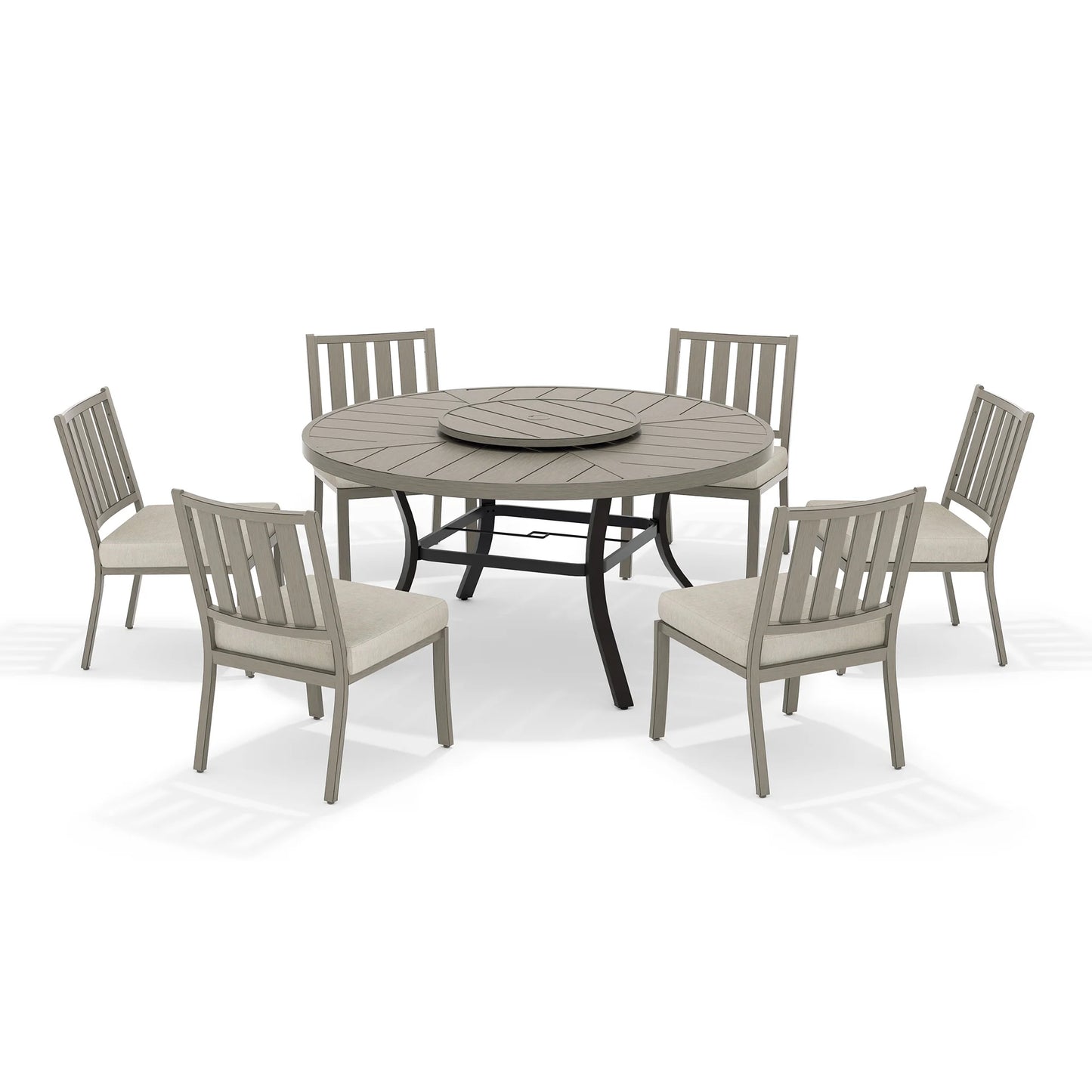 Round outdoor dining table with six armless chairs
