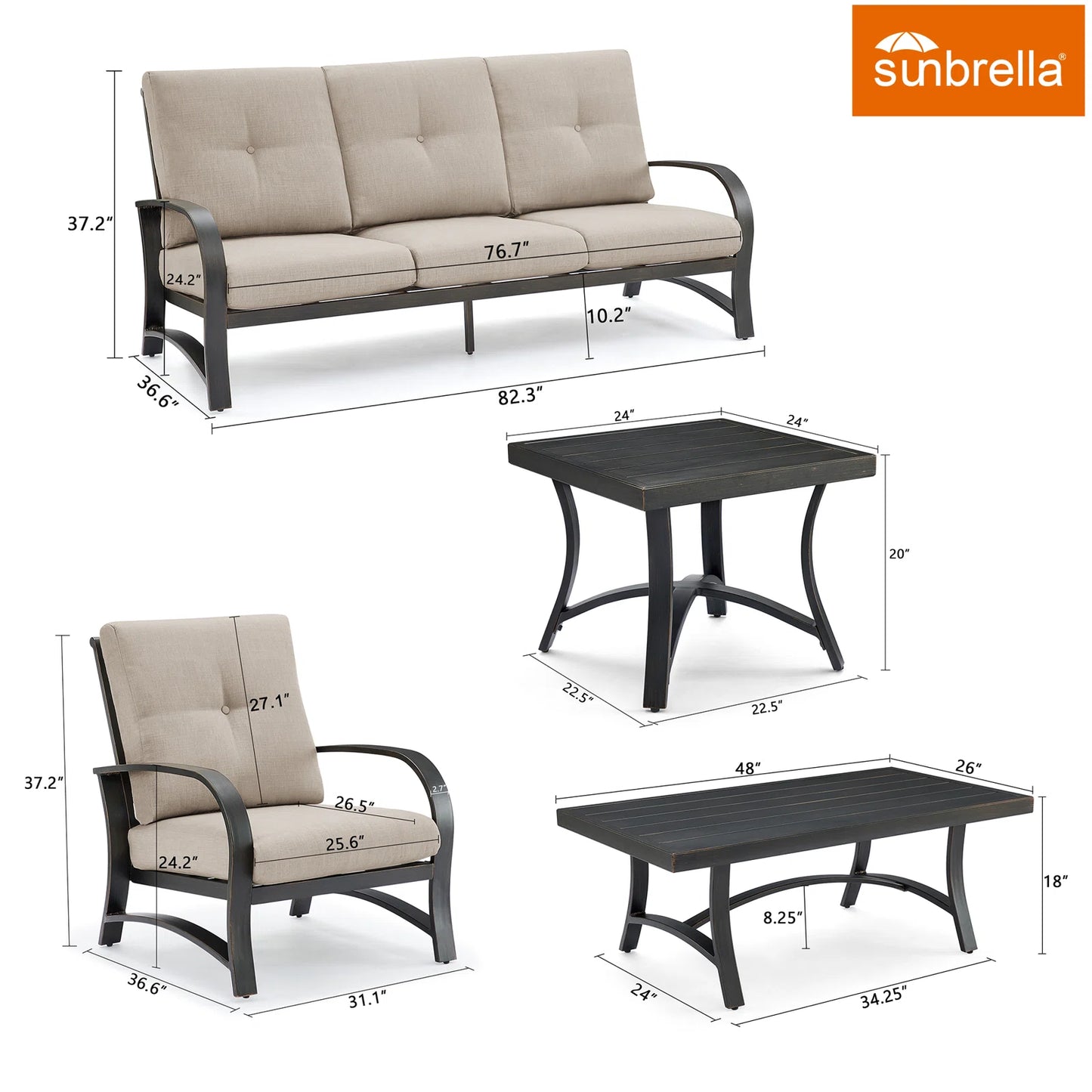 Peak Home Furnishings Chamber 5 Pieces Aluminum Outdoor Furniture Sofa Sets with Sunbrella® Cushions
