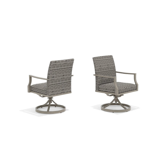 Two gray wicker outdoor chairs with metal swivel bases
