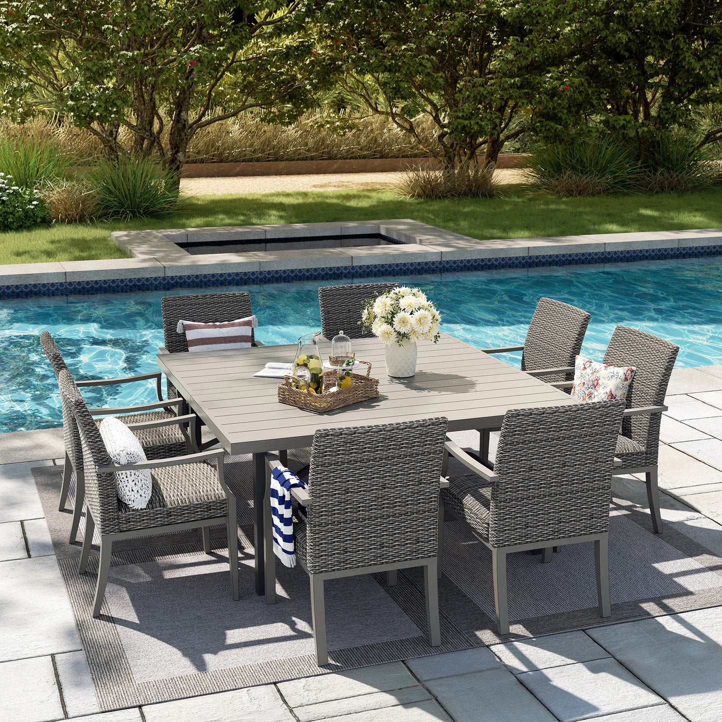 Allure 9-Piece Patio Square Dining Set With Fixed Chair