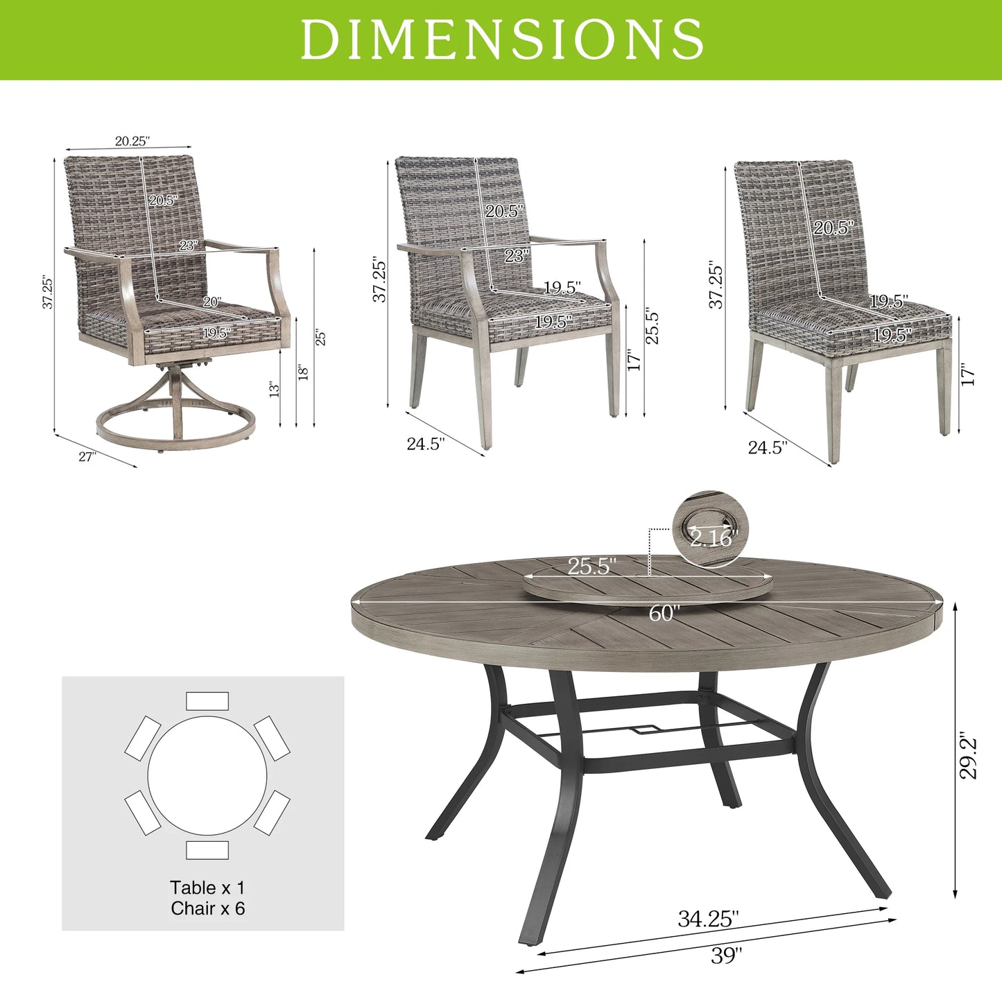 Allure 7-Piece Round Patio Dining Set With Wicker Chair