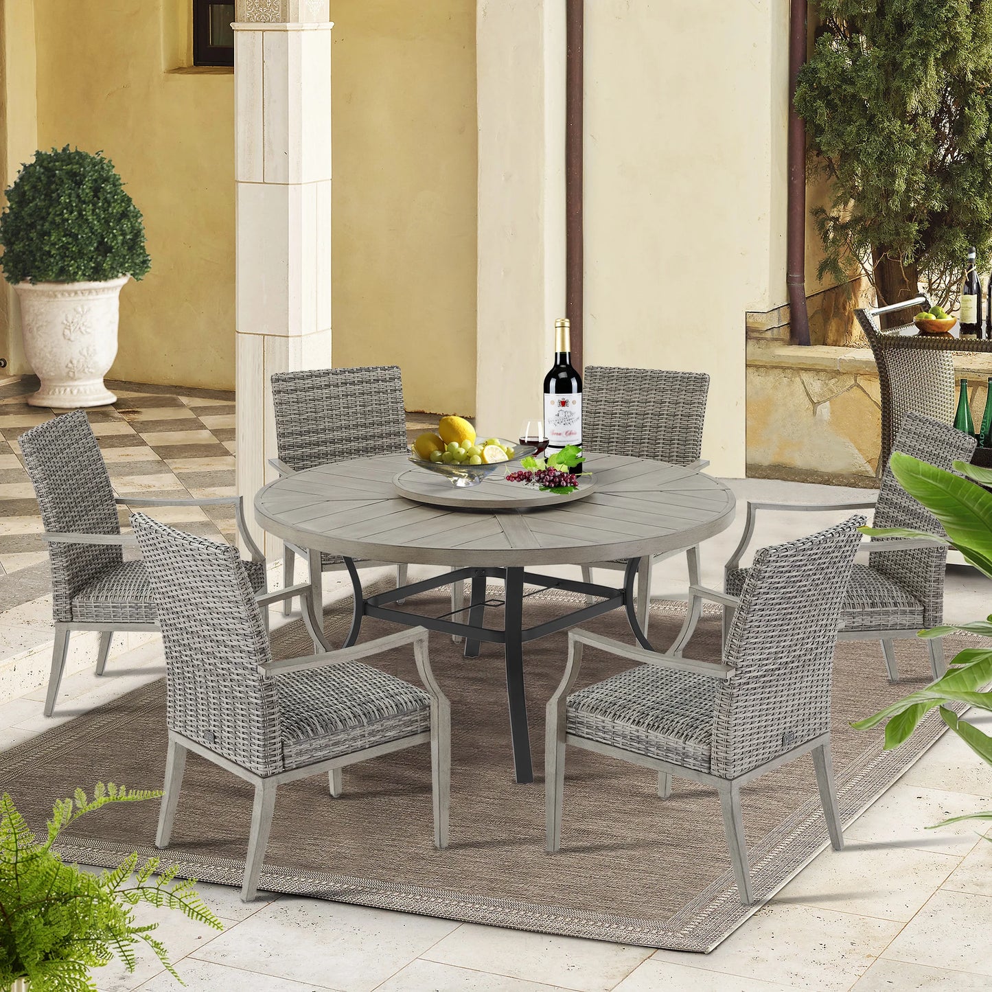 Allure 7-Piece Round Patio Dining Set With Wicker Chair