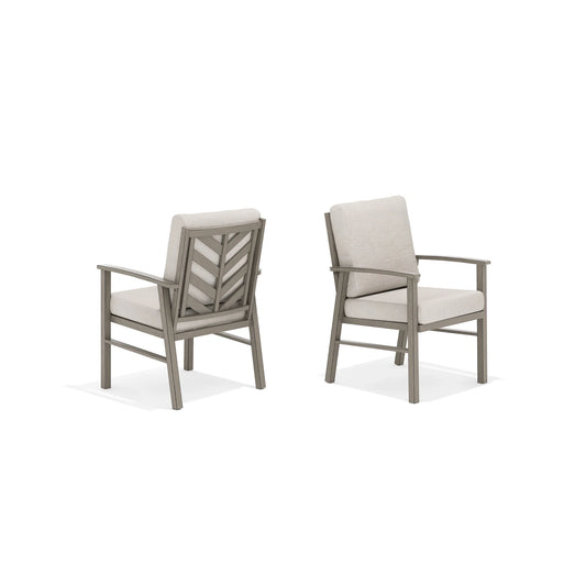 Two gray chairs with beige cushions