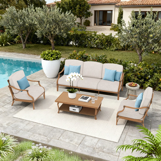 Outdoor patio set with furniture and decor by a poolside.