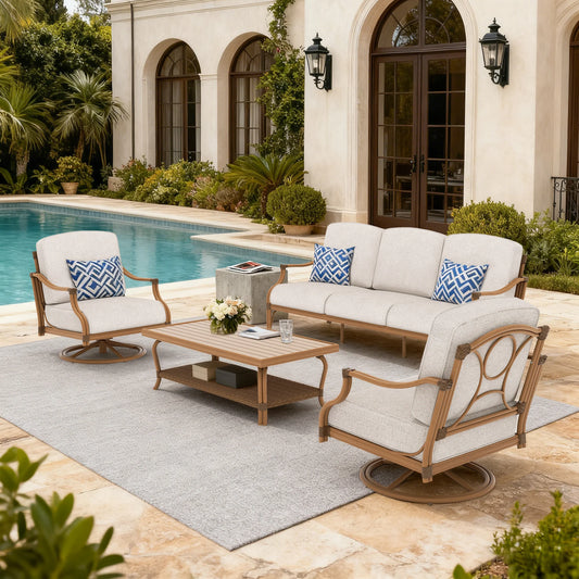 Arcadia Patio Sofa and 2 Swivel Chairs with Coffee Table