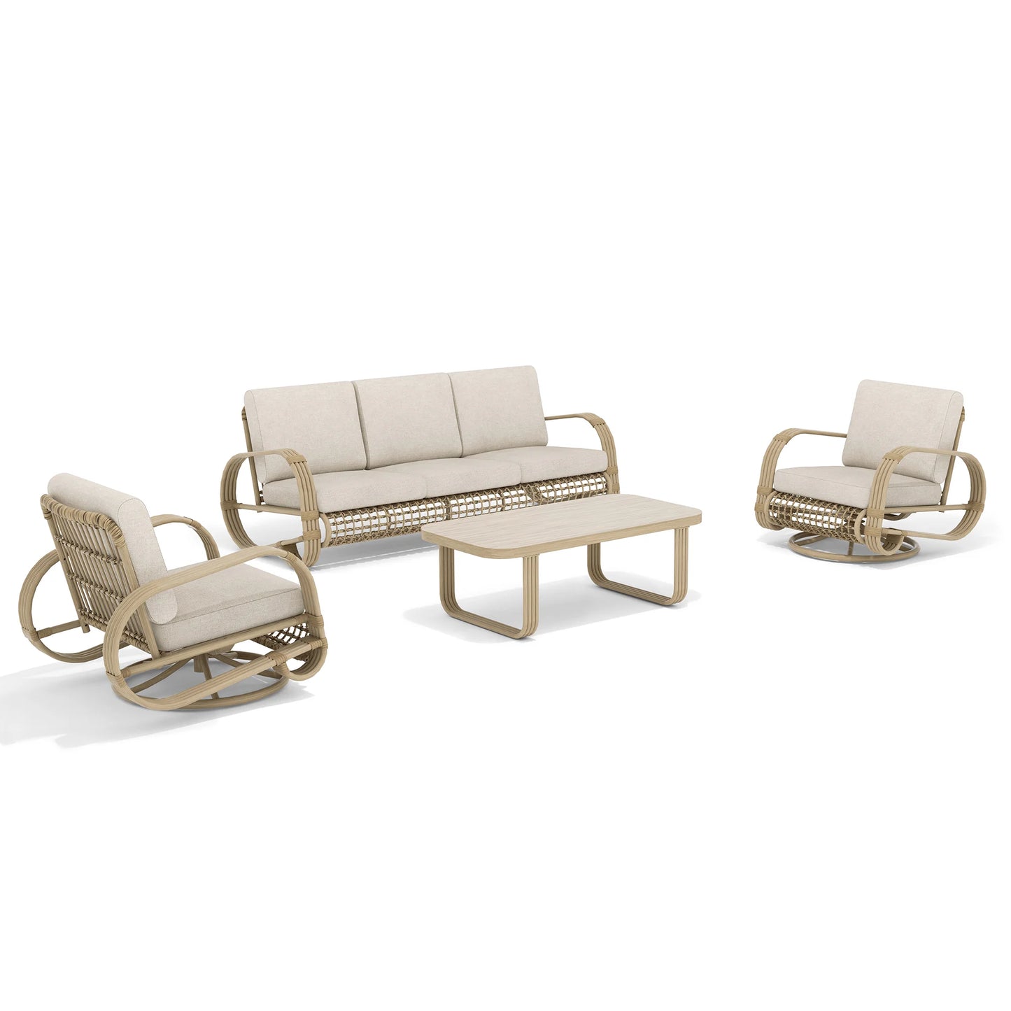Outdoor furniture set with a sofa, two armchairs, and a coffee table