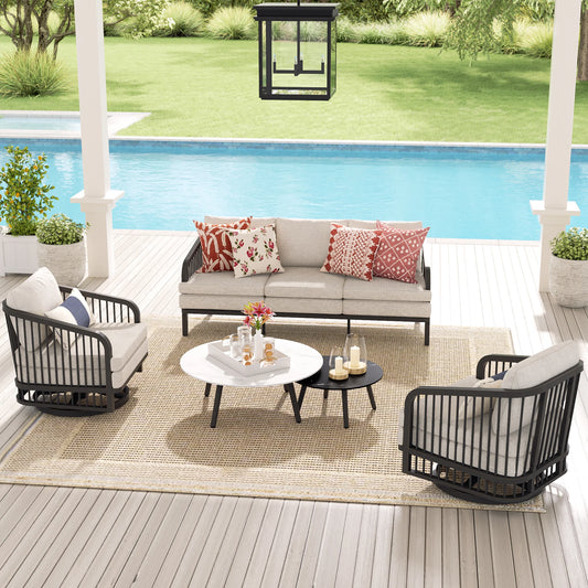 Outdoor patio set with furniture and decor by a pool