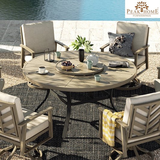 PEAKHOME Azur Patio Aluminum Round 60" Dining Table With Removable Lazy Susan for 6 Person