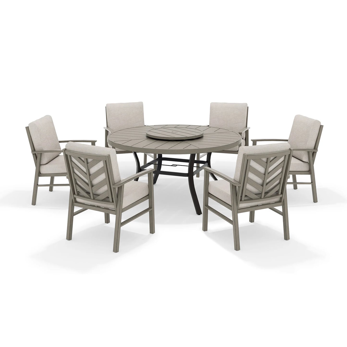 Round outdoor dining table with six dining armchairs
