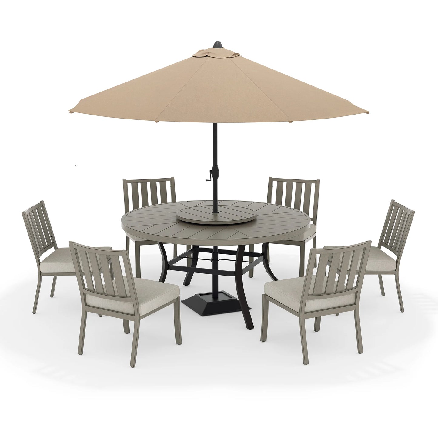 Patio dining set with round table and six chairs under a beige umbrella