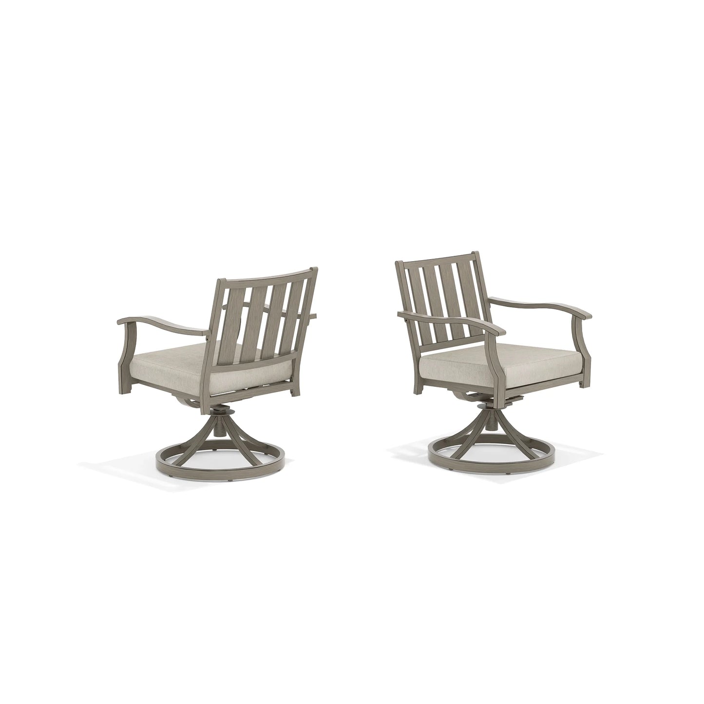 Two gray swivel chairs with beige cushions