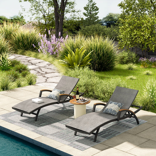 Two lounge chairs by a pool with a garden setting