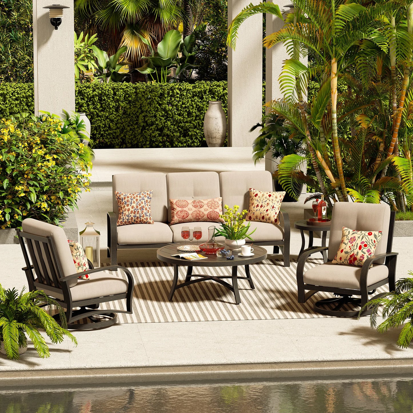 Chamber 5 Seat Patio Conversation Sofa Sets With Sunbrella® Cushions and Side Table