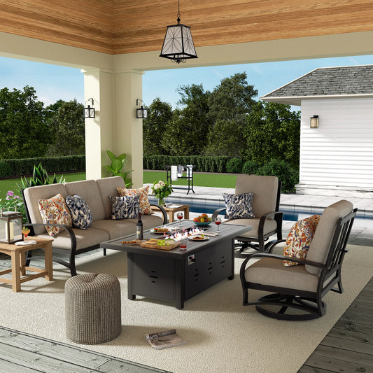 Outdoor patio with furniture, fire pit, and view of a pool and garden.