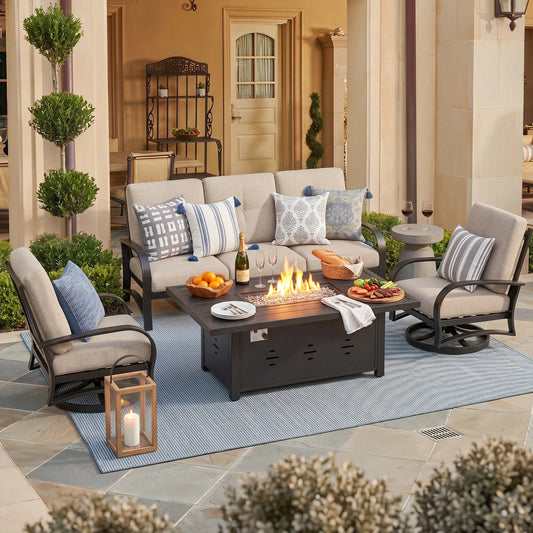 Chamber 5 Seater Outdoor Swivel Seating Set With Sunbrella® Cushions And Fire Pit Table