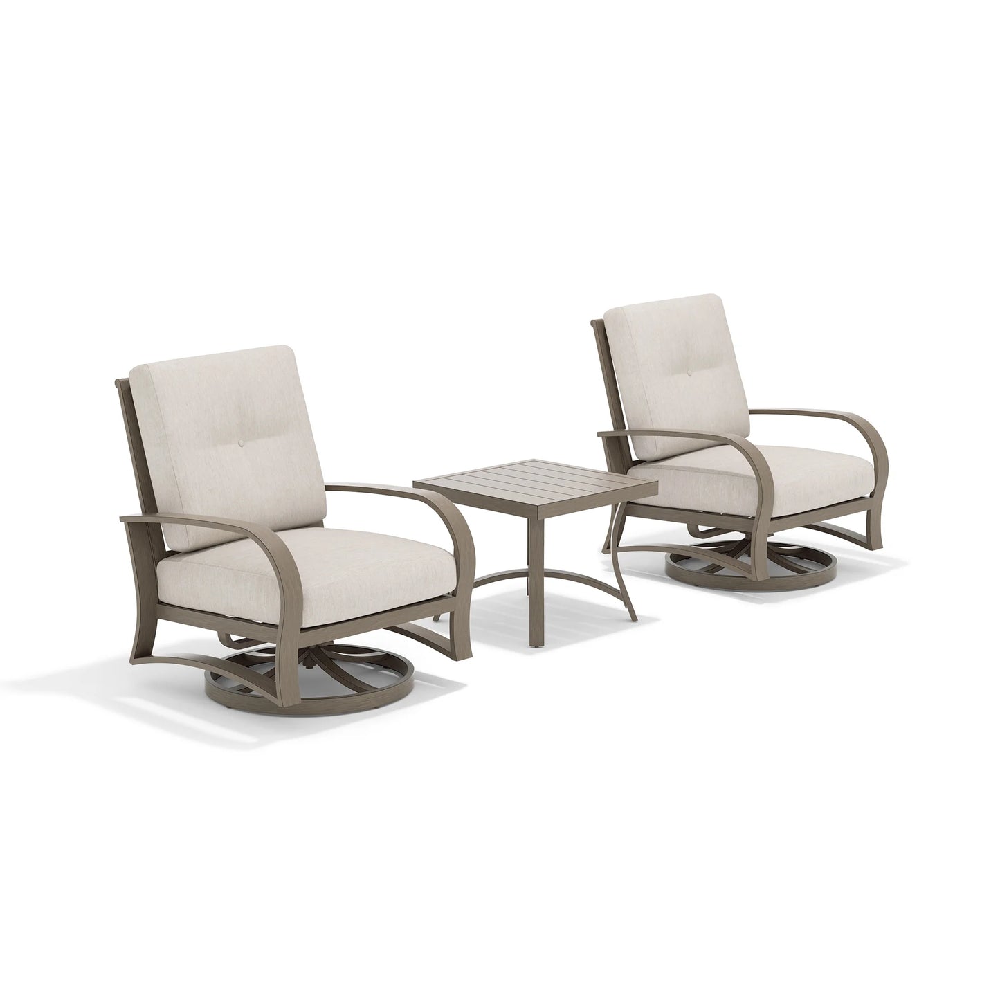 Two swivel chairs with a side table