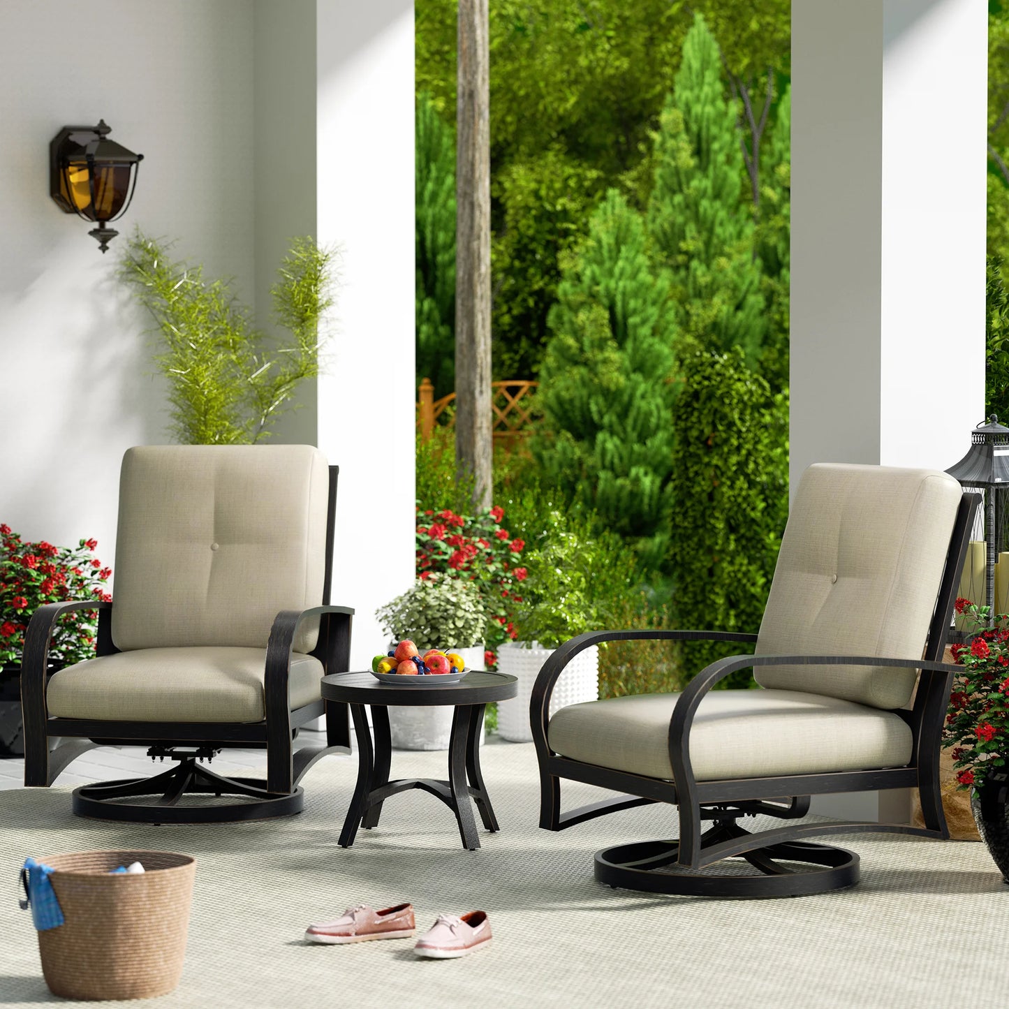 PEAKHOME FURNISHINGS Chamber 3 pieces Outdoor Bistro Sets with Swivel Chair and Sunbrella® Cushions