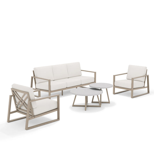 Outdoor furniture set with a sofa, two chairs, and two tables