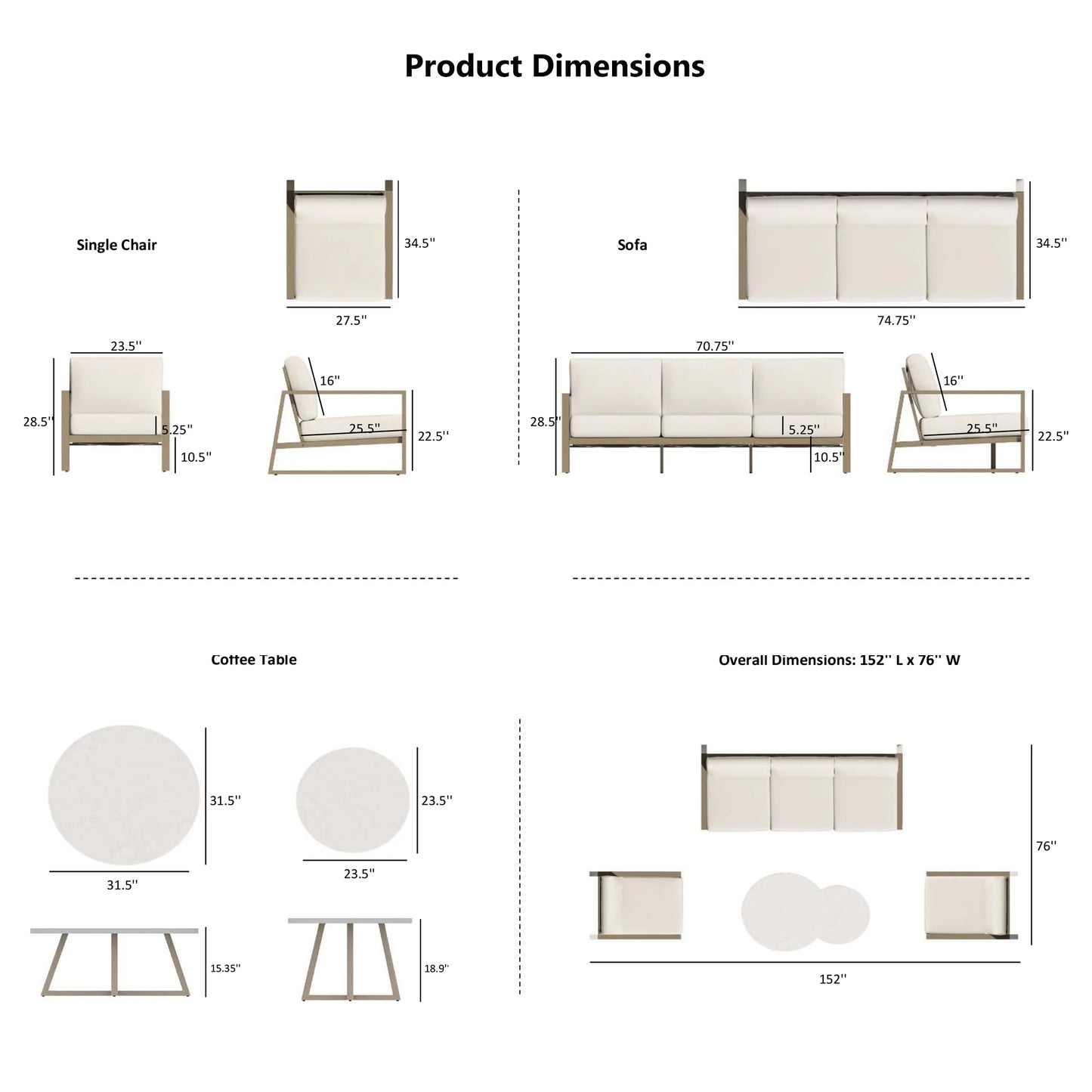 PEAKHOME Hamarto Patio Sofa Set with Fixed Chair and Concrete Coffee Table
