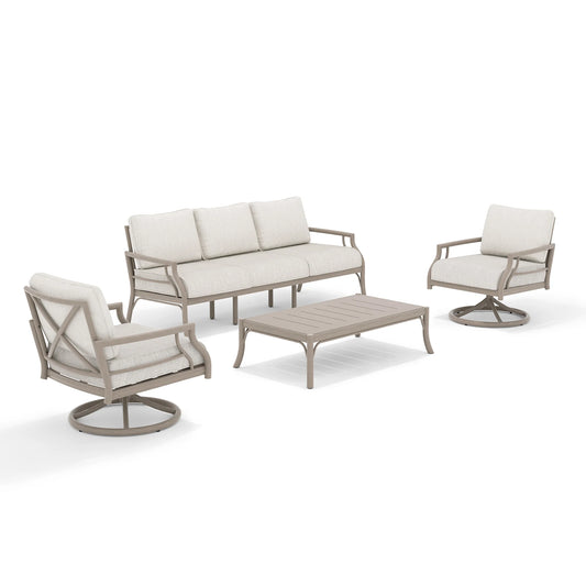 Outdoor furniture set with sofa, chairs, and table