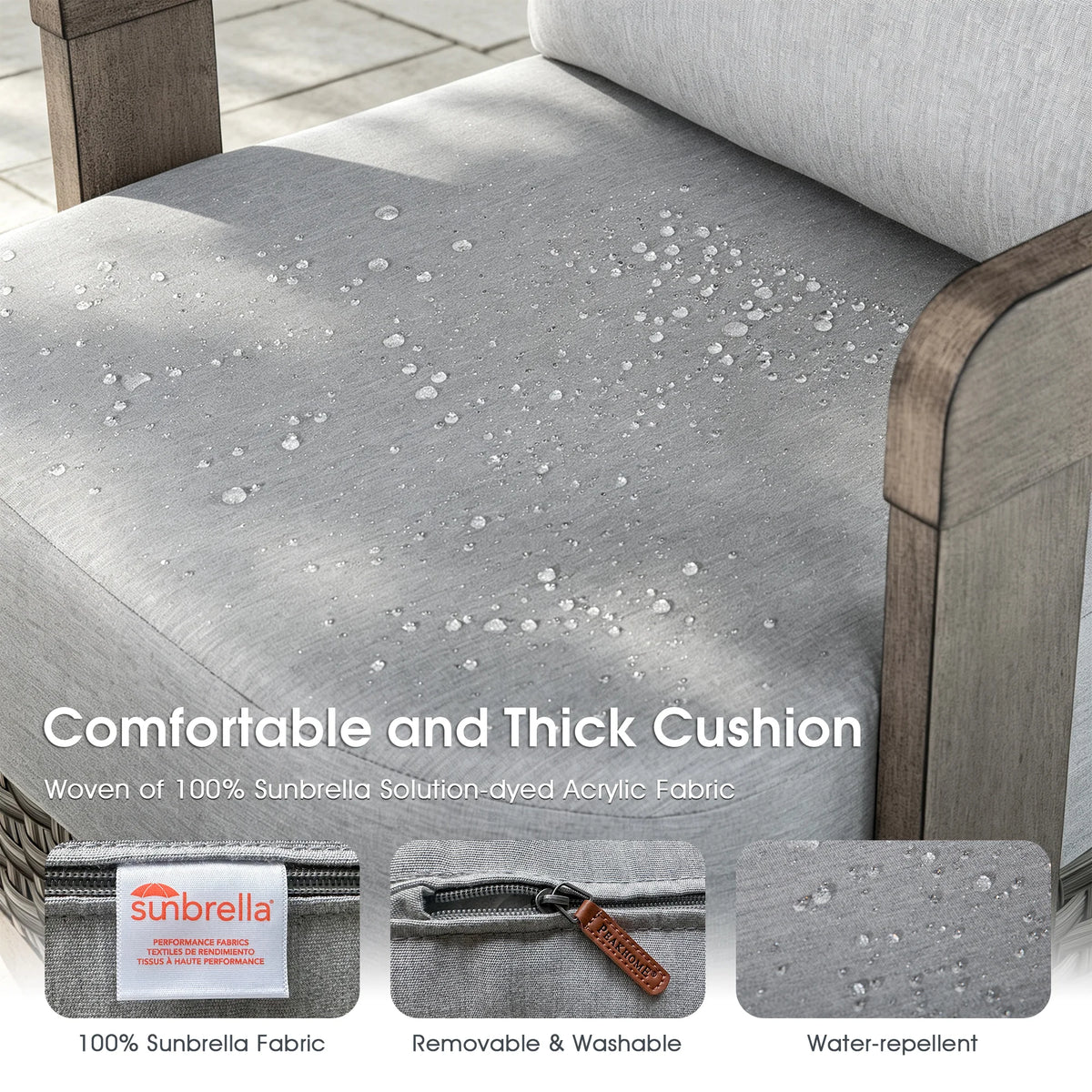 Graphic displaying water droplets beading on Sunbrella fabric with icons highlighting removable, washable, and water-repellent cushion features.