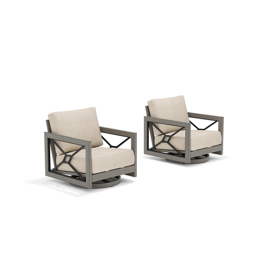 Two gray outdoor swivel chairs with beige cushions