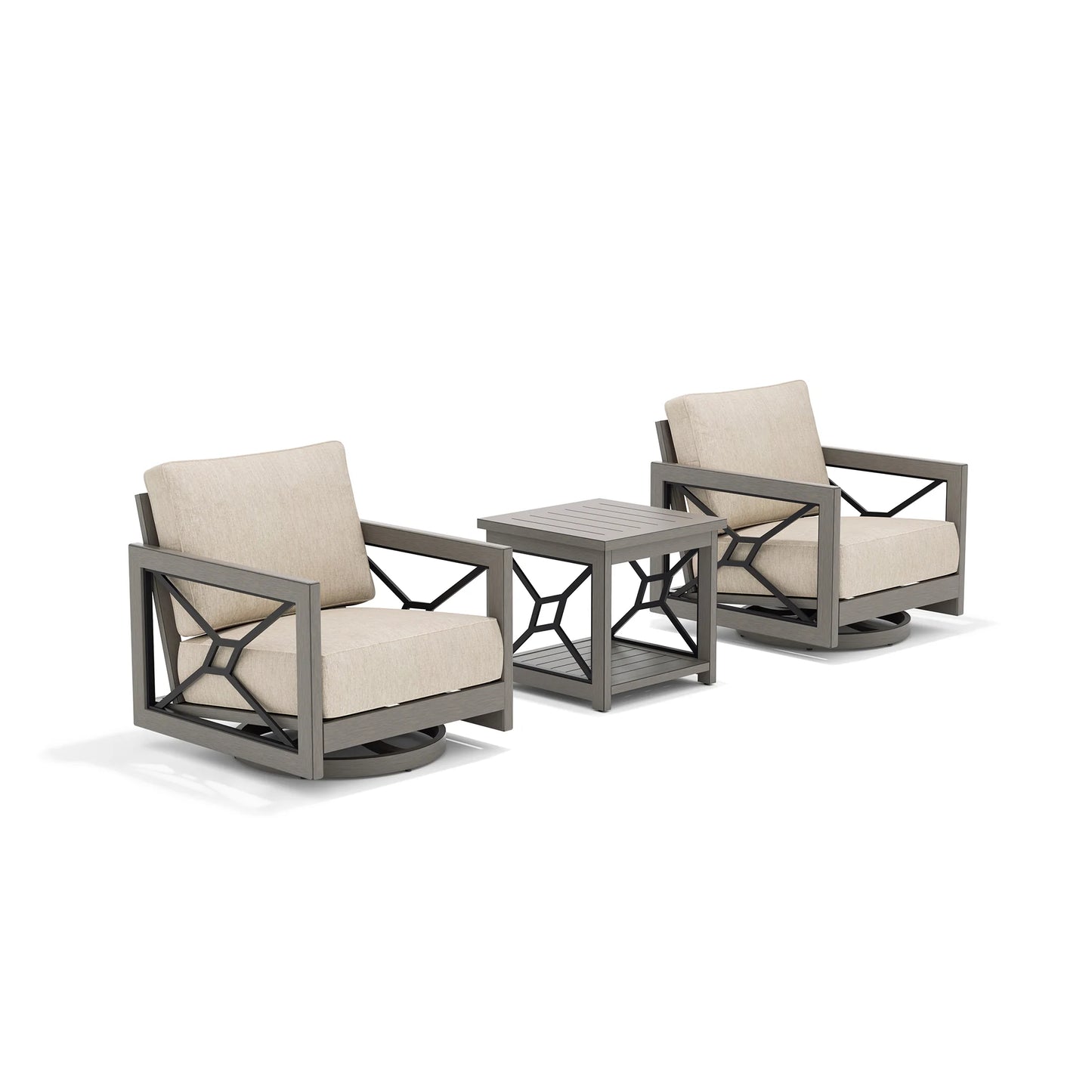 Two gray chairs with beige cushions and a matching side table