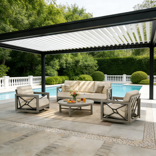 Outdoor patio set with pergola, table, and chairs near a pool