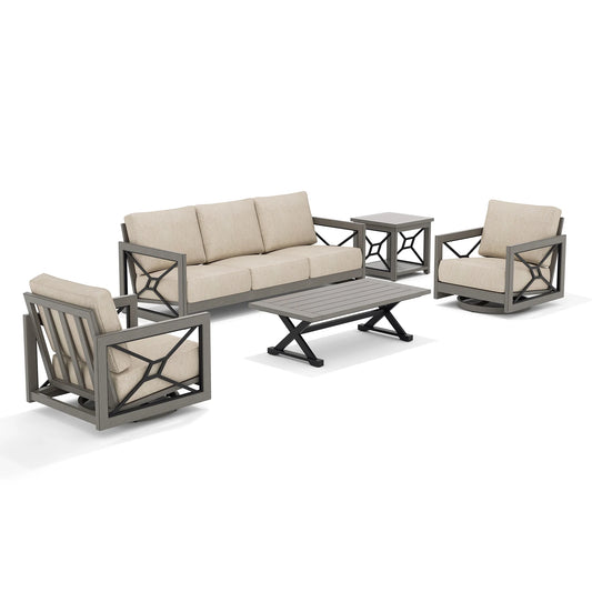Outdoor furniture set with sofa, swivel chairs, and table